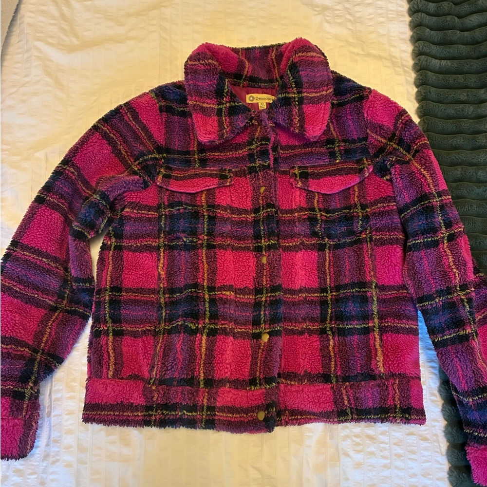 Democracy Pink & Purple Plaid Sherpa Jacket